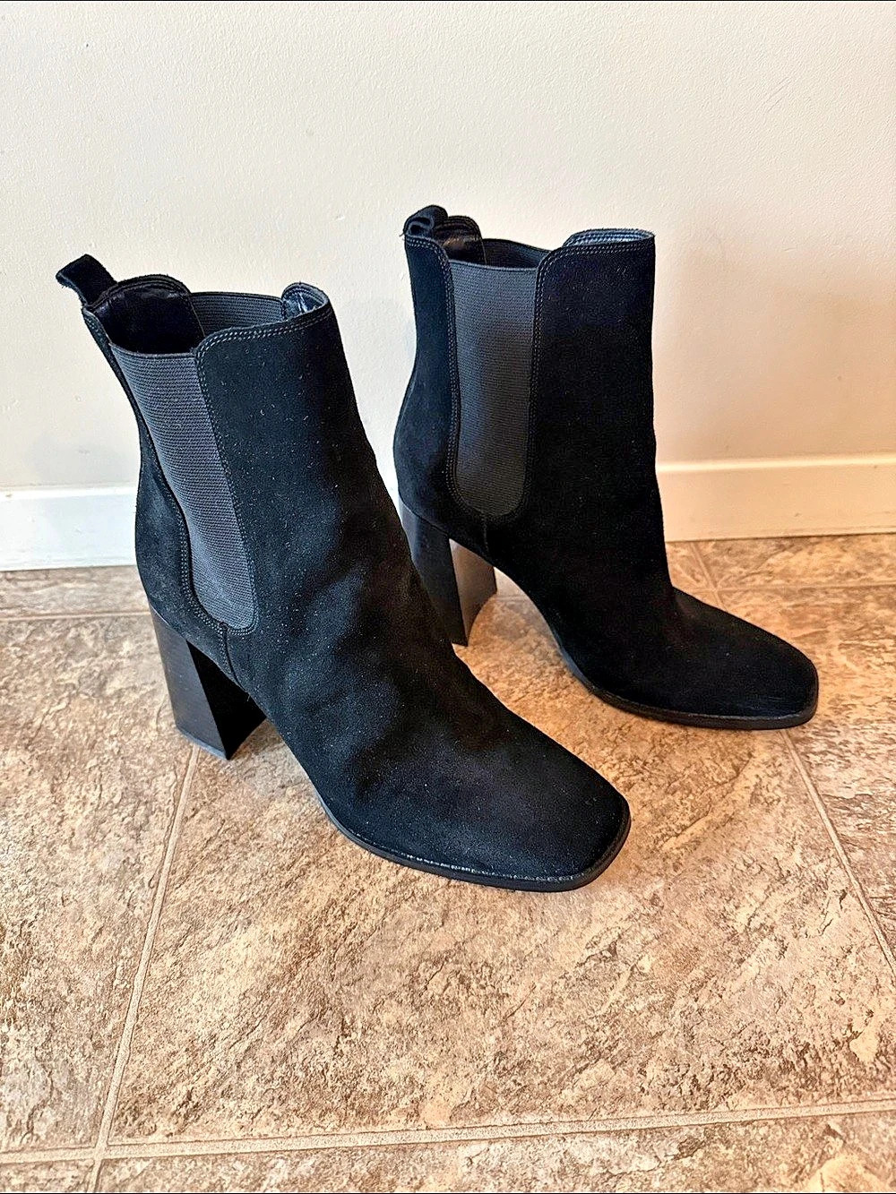 Black Suede Heeled Ankle Boots Like New